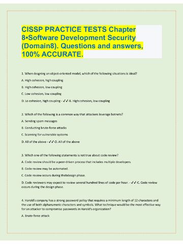 Preview page 1 of CISSP PRACTICE TESTS Chapter  8▪Software Development Security  (Domain8). Questions and answers,  100% ACCURATE.