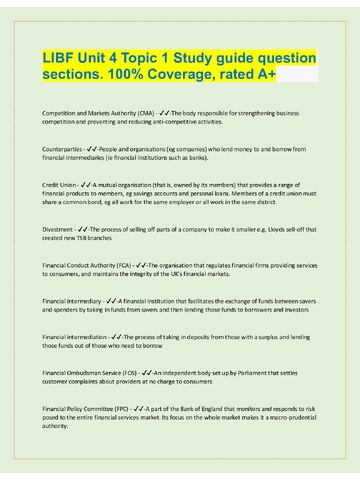 Preview page 1 of LIBF Unit 4 Topic 1 Study guide question  sections. 100% Coverage, rated A+