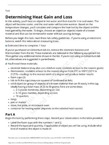 Preview page 1 of Combining Objects at Different Temperatures Determining Heat Gain and Loss