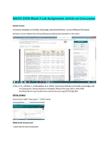 Preview page 1 of MATH 225N Week 3 Lab Assignment: Article on Concussion|Latest 2020 Complete Verified solution.