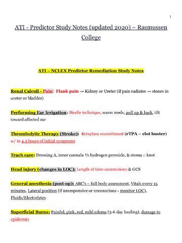 Preview page 1 of ATI - Predictor Study Notes (updated 2020) - Rasmussen College