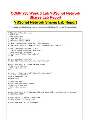 Preview page 1 of COMP 230 Week 3 Lab VBScript Network Shares Lab Report;Latest Udated Version