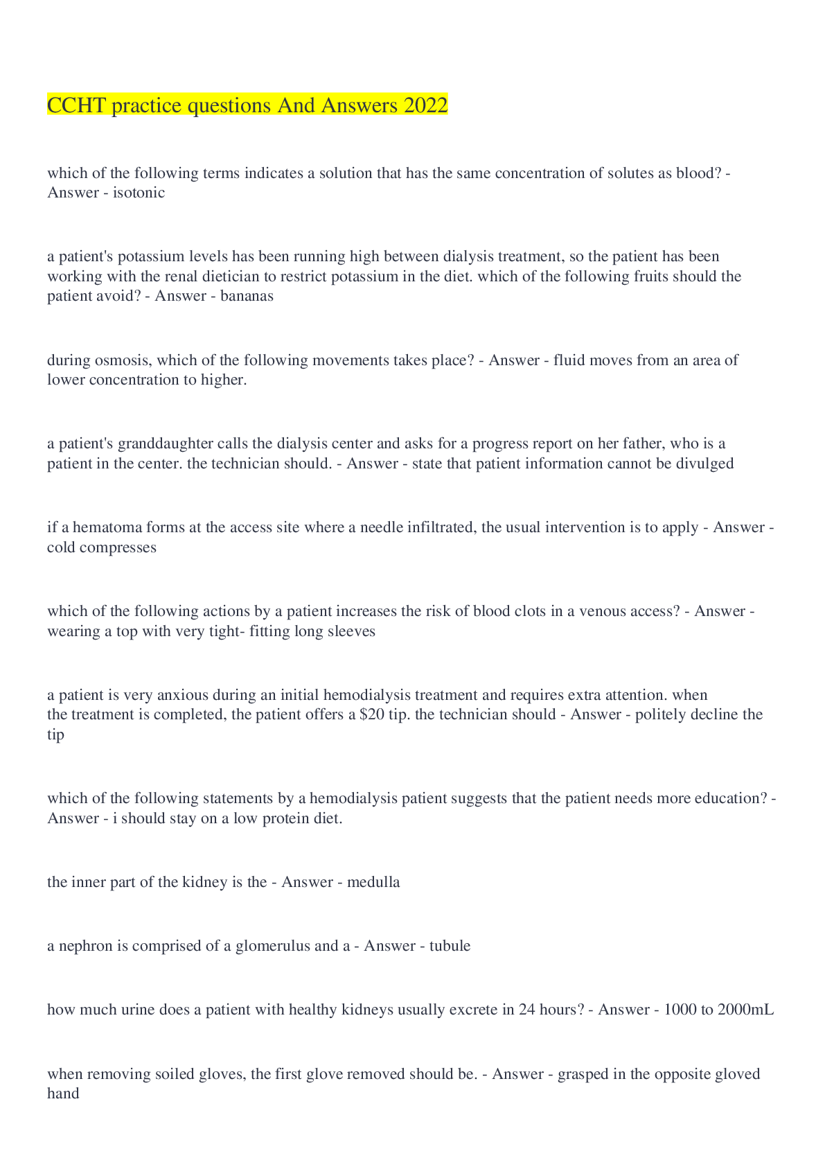 Preview image for CCHT Practice Questions And Answers 2022/2023