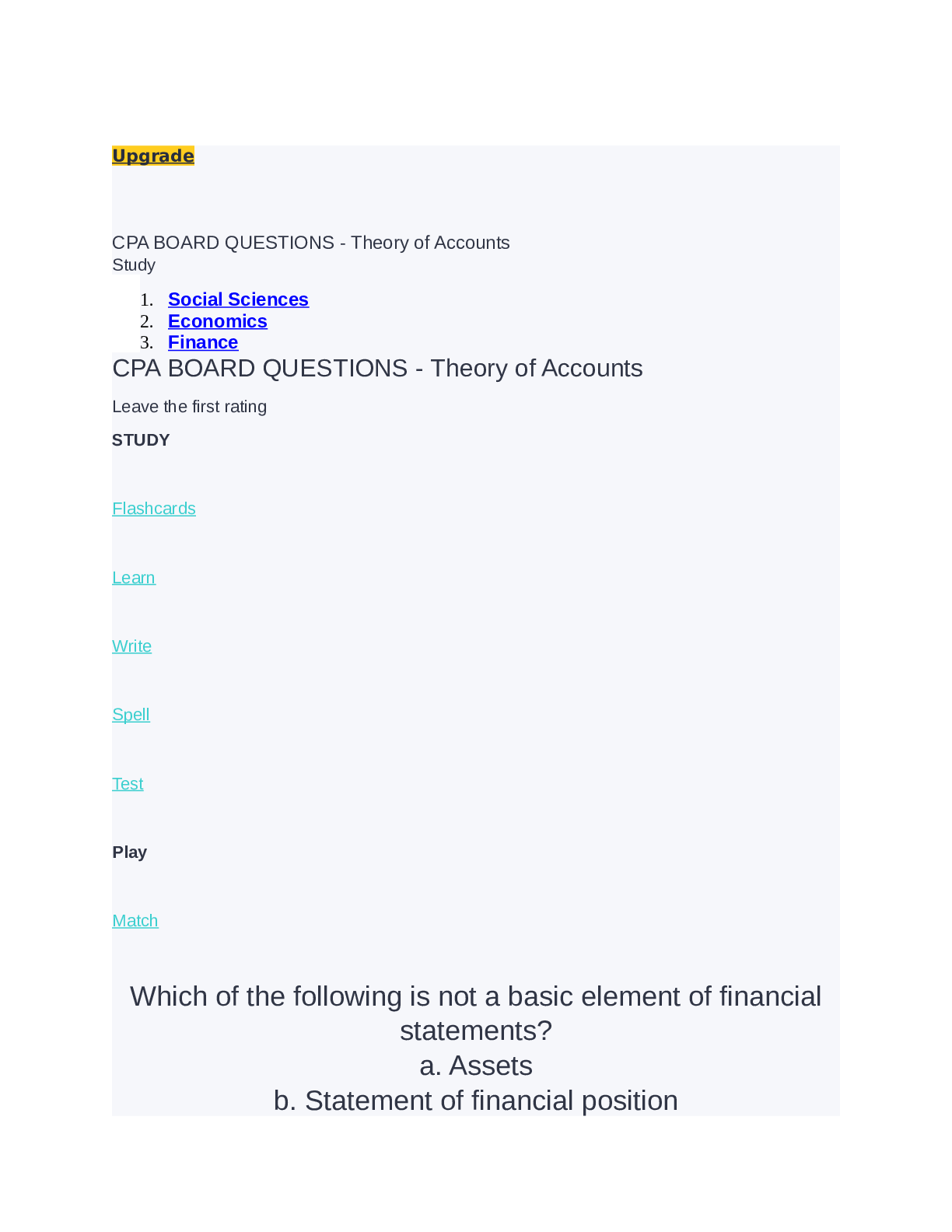 Preview image for CPA BOARD QUESTIONS - Theory of Accounts Study 1. Social Sciences 2. Economics 3. Finance