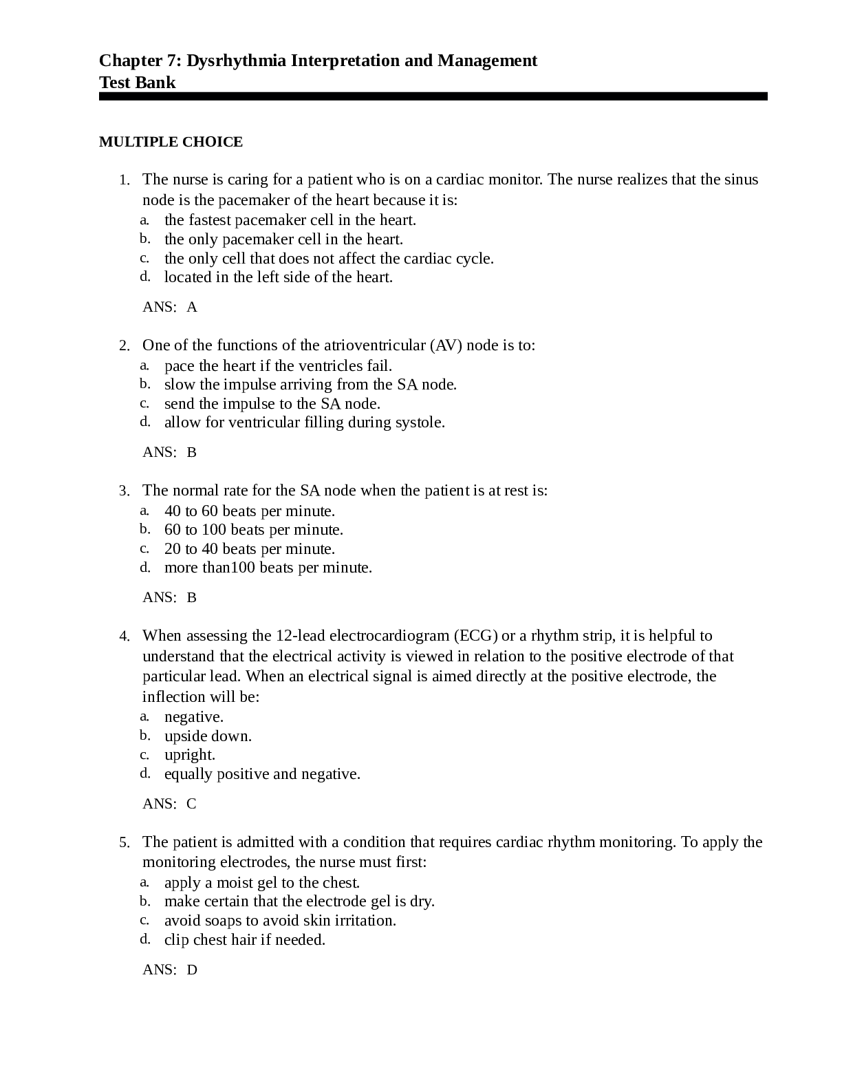 Preview image of Chapter 7: Dysrhythmia Interpretation and Management Test Bank document