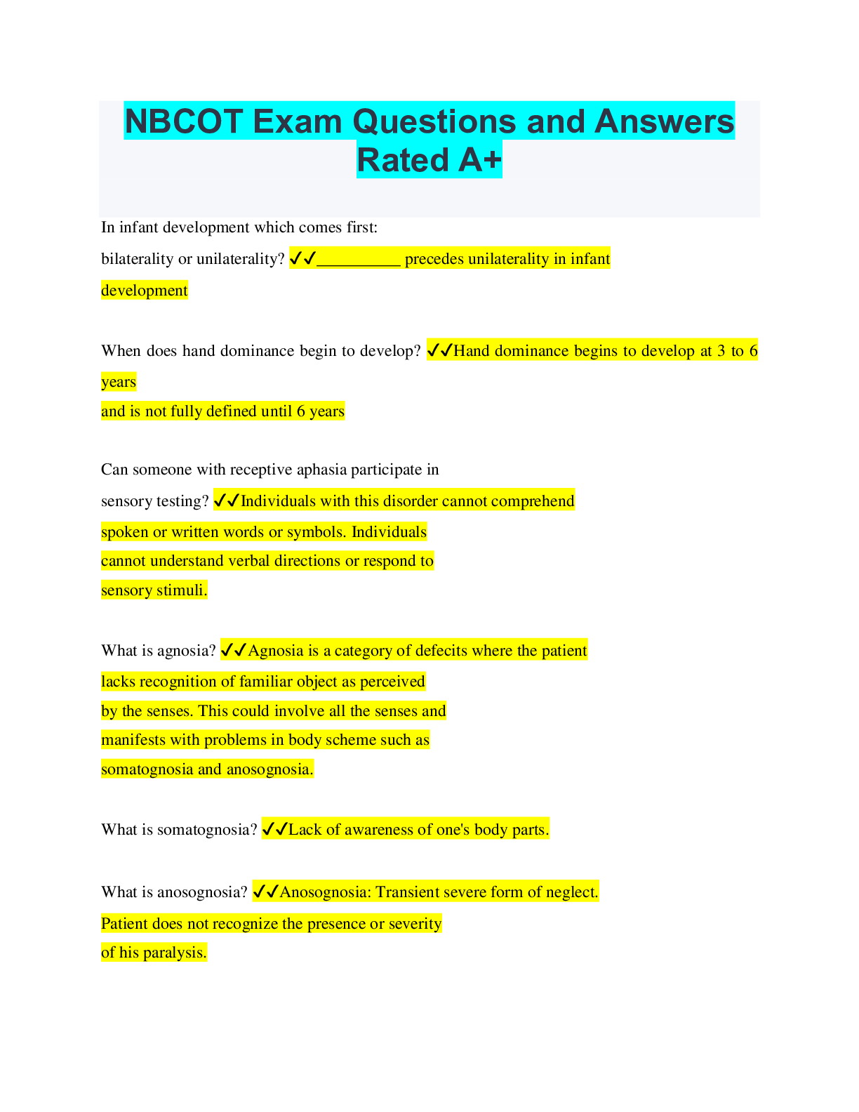 NBCOT Exam Questions and Answers Rated A+ | ScholarFriends