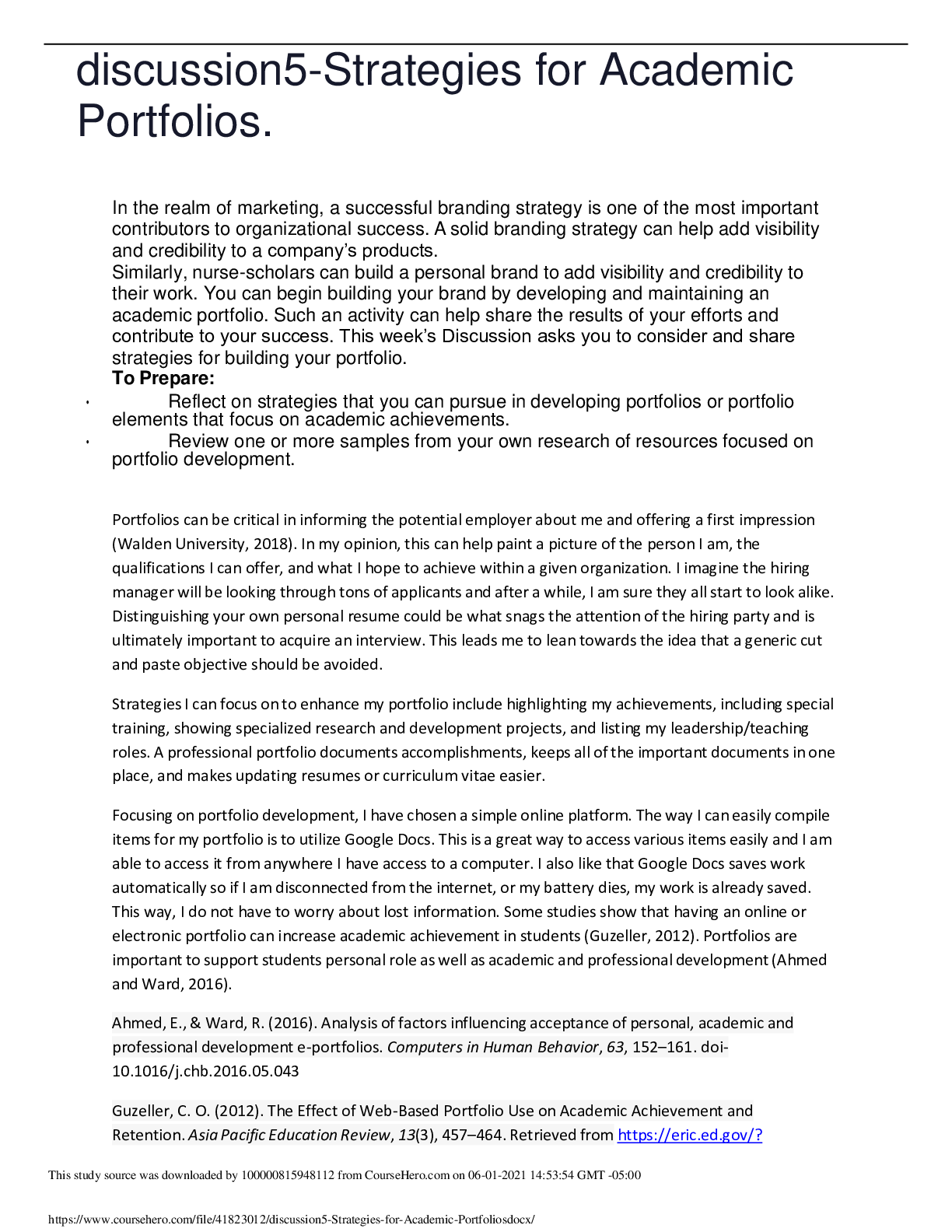 Preview of WALDEN UNIVERSITY NURS 6002N DISCUSSION 5STRATEGIES FOR ACADEMIC PORTFOLIOS ,WELL EXPLAINE