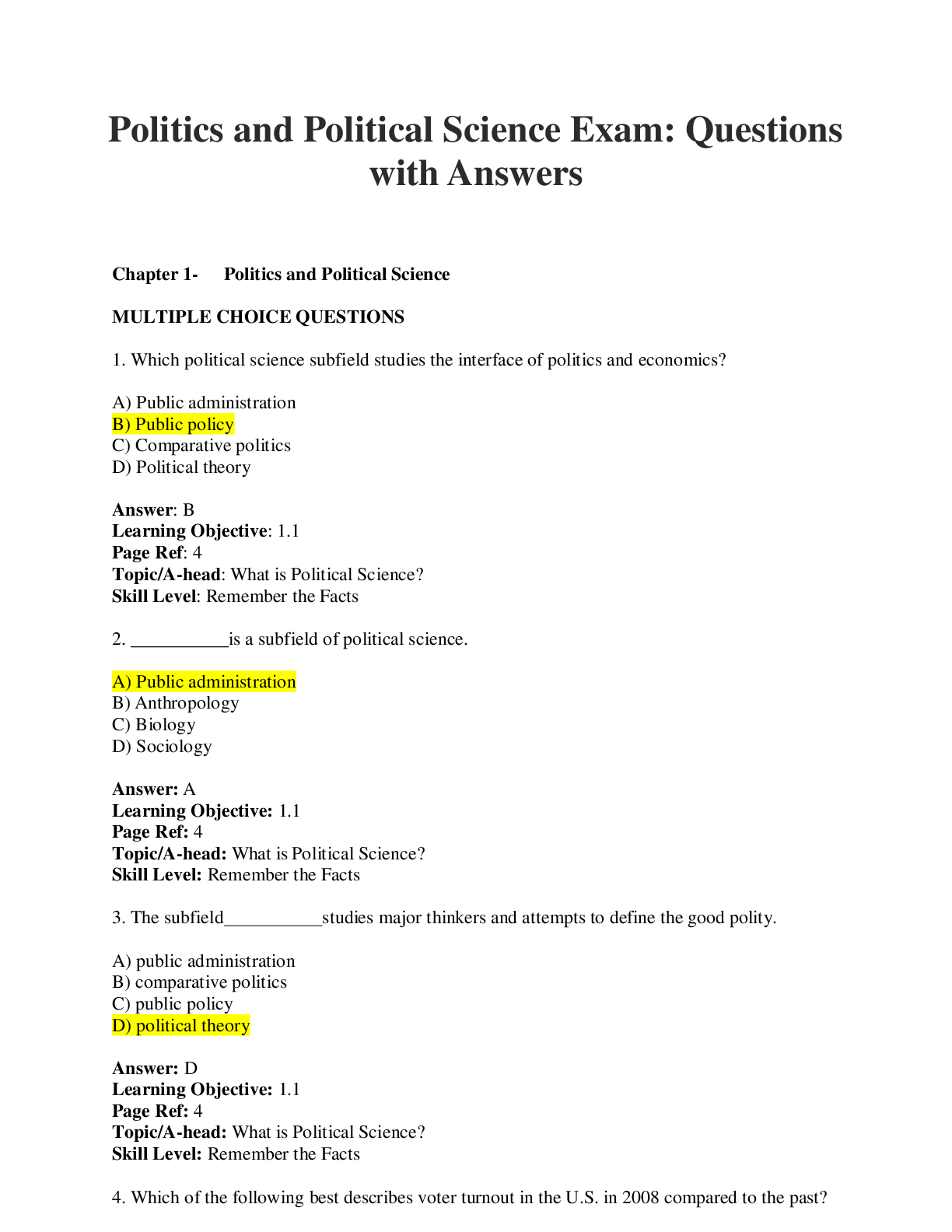 Politics Source Questions Politics and Political Science Exam: Questions with Answers (100% Gu ...