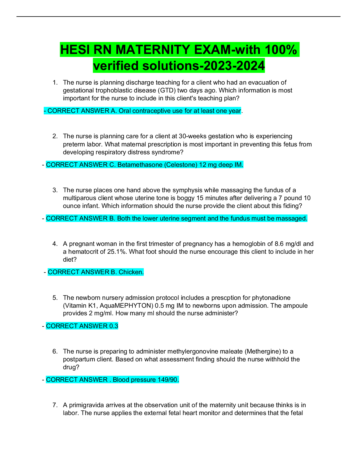 Preview of HESI RN MATERNITY EXAM-with 100% verified solutions-