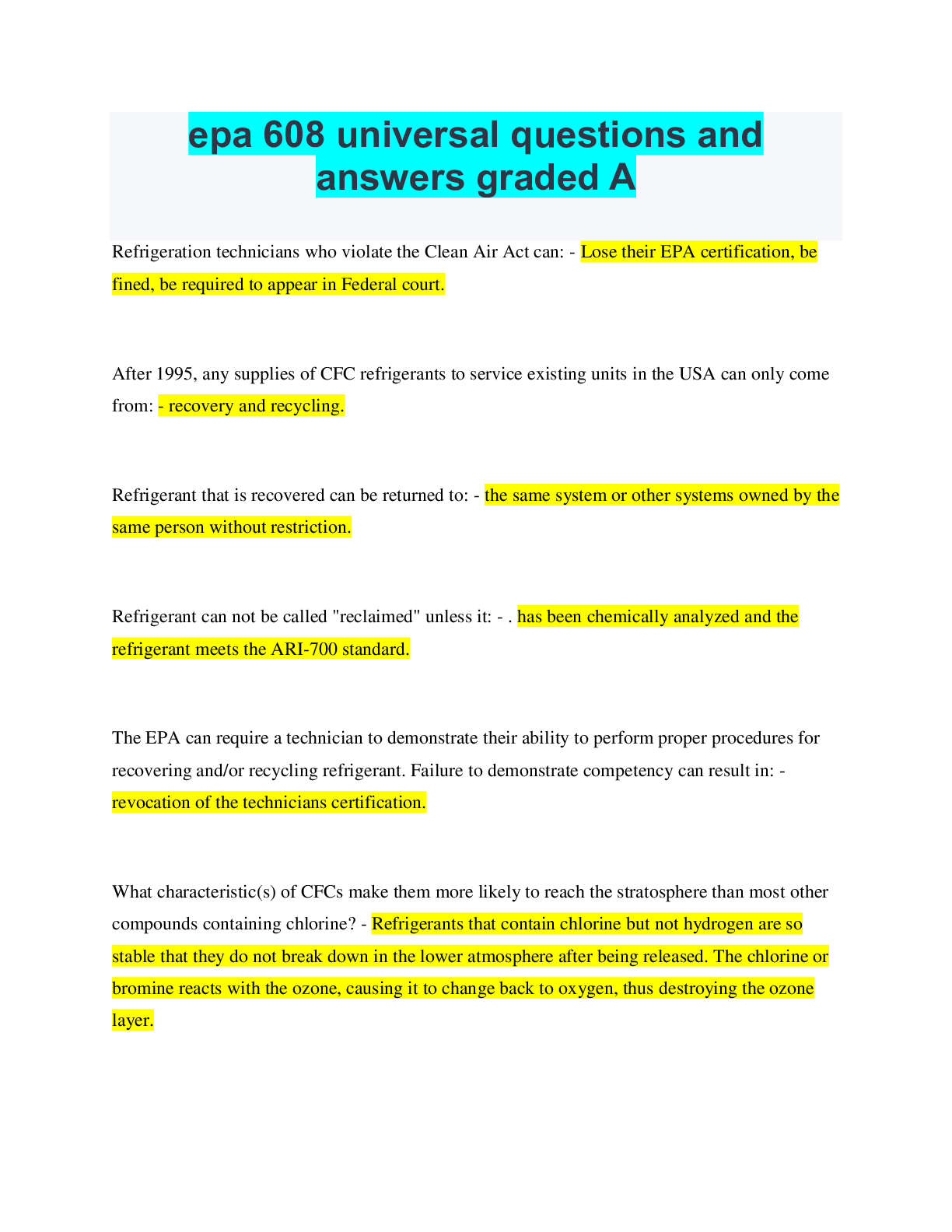 epa 608 universal questions and answers graded A - Scholarfriends