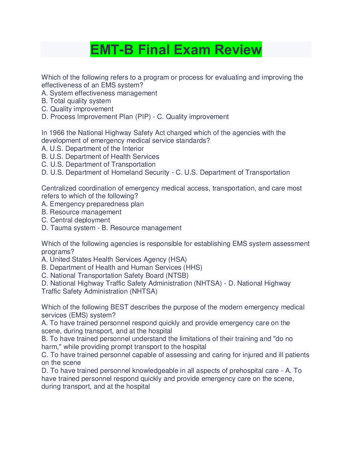 Preview image for EMT-B Final Exam Study Guide Questions And Answers Latest Update 2022