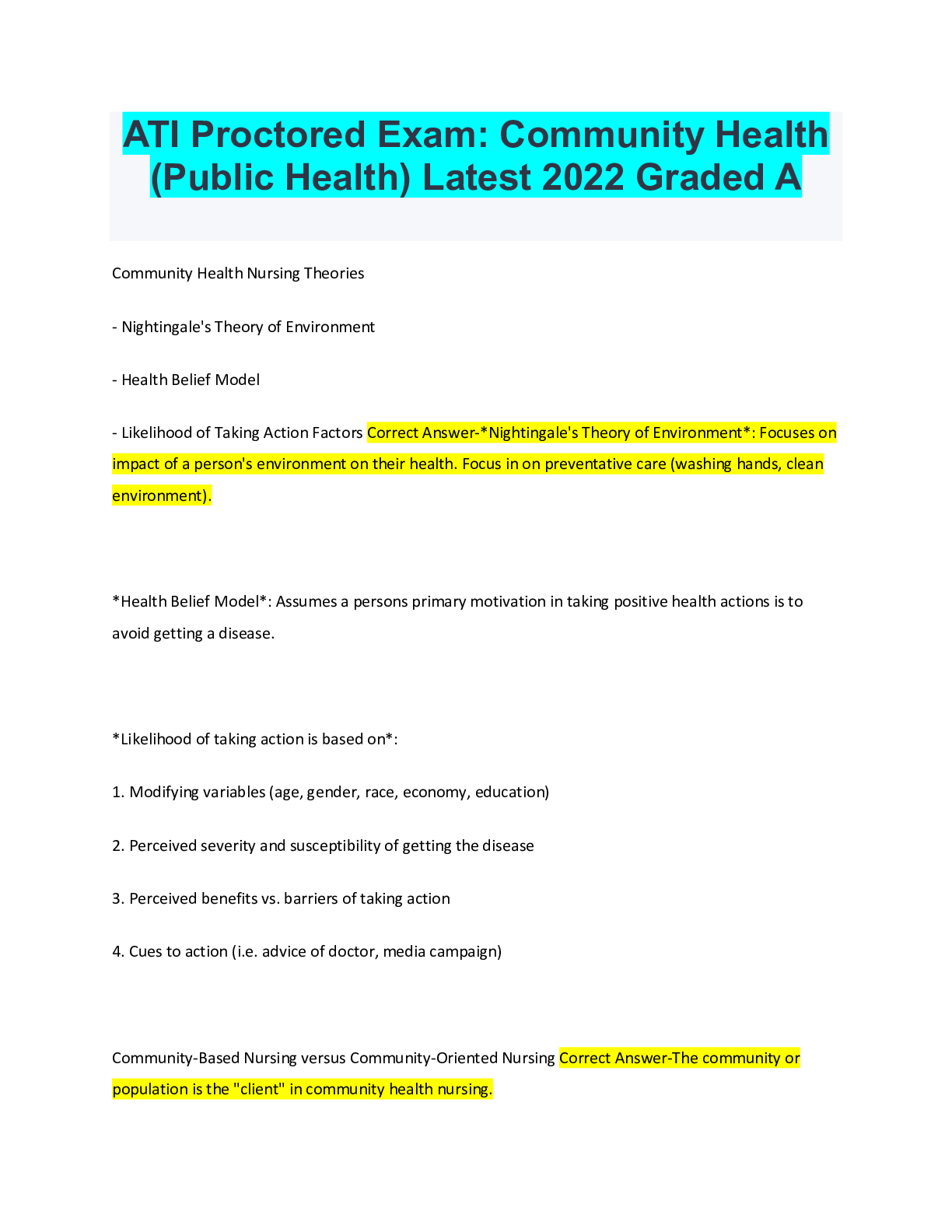 ATI Proctored Exam: Community Health (Public Health) Latest 2022 Graded ...