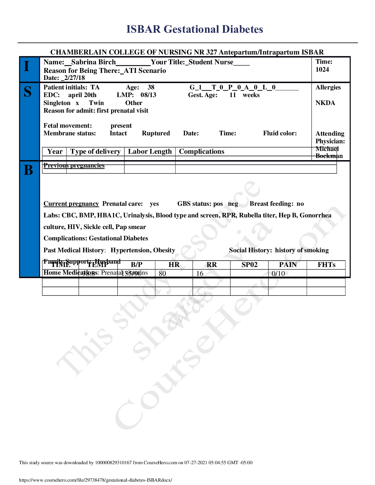 Preview image of ISBAR Gestational Diabetes,GRADED A. document