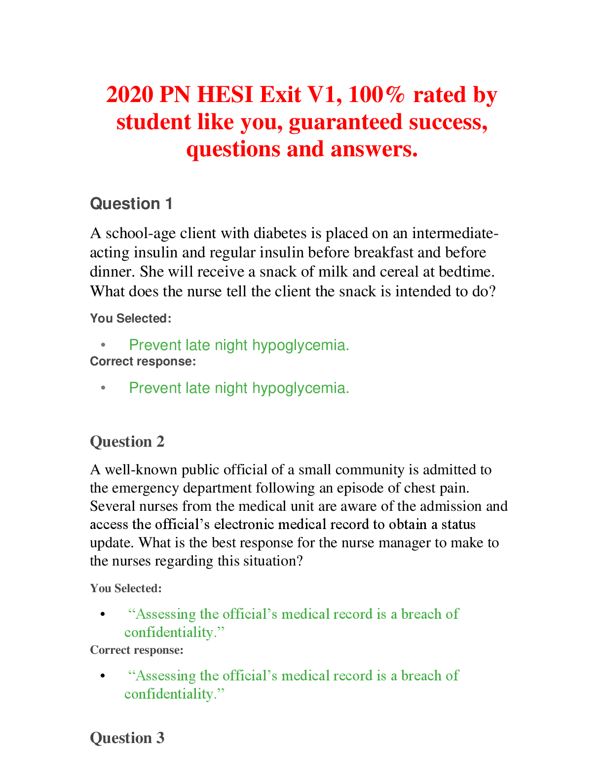 Recommended document preview for PN HESI Exit V1, 100% rated by student like you, guaranteed success, questions and answers.