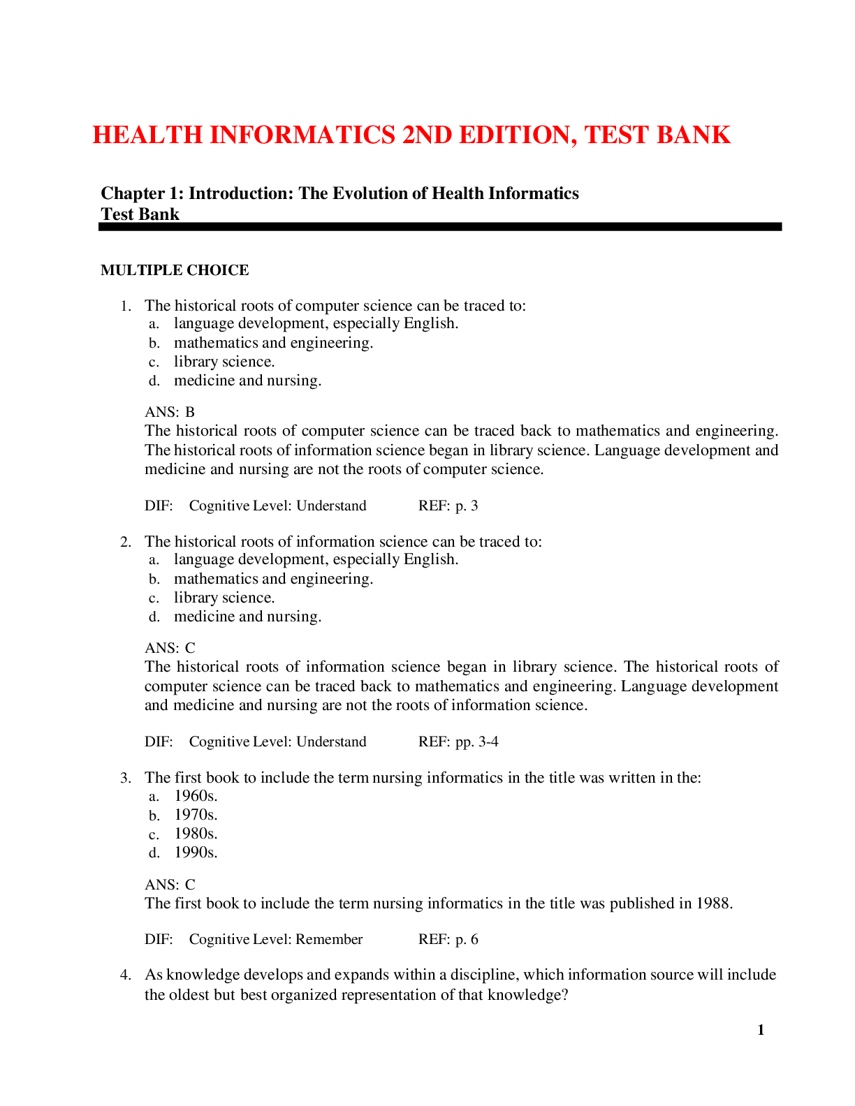Preview of HEALTH INFORMATICS 2ND EDITION, TEST BANK
