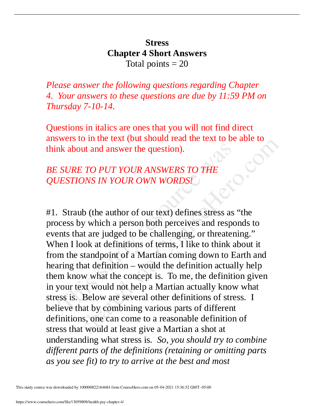 Preview image of SUNY, AlbanyTPSY 327health psy chapter 4 document