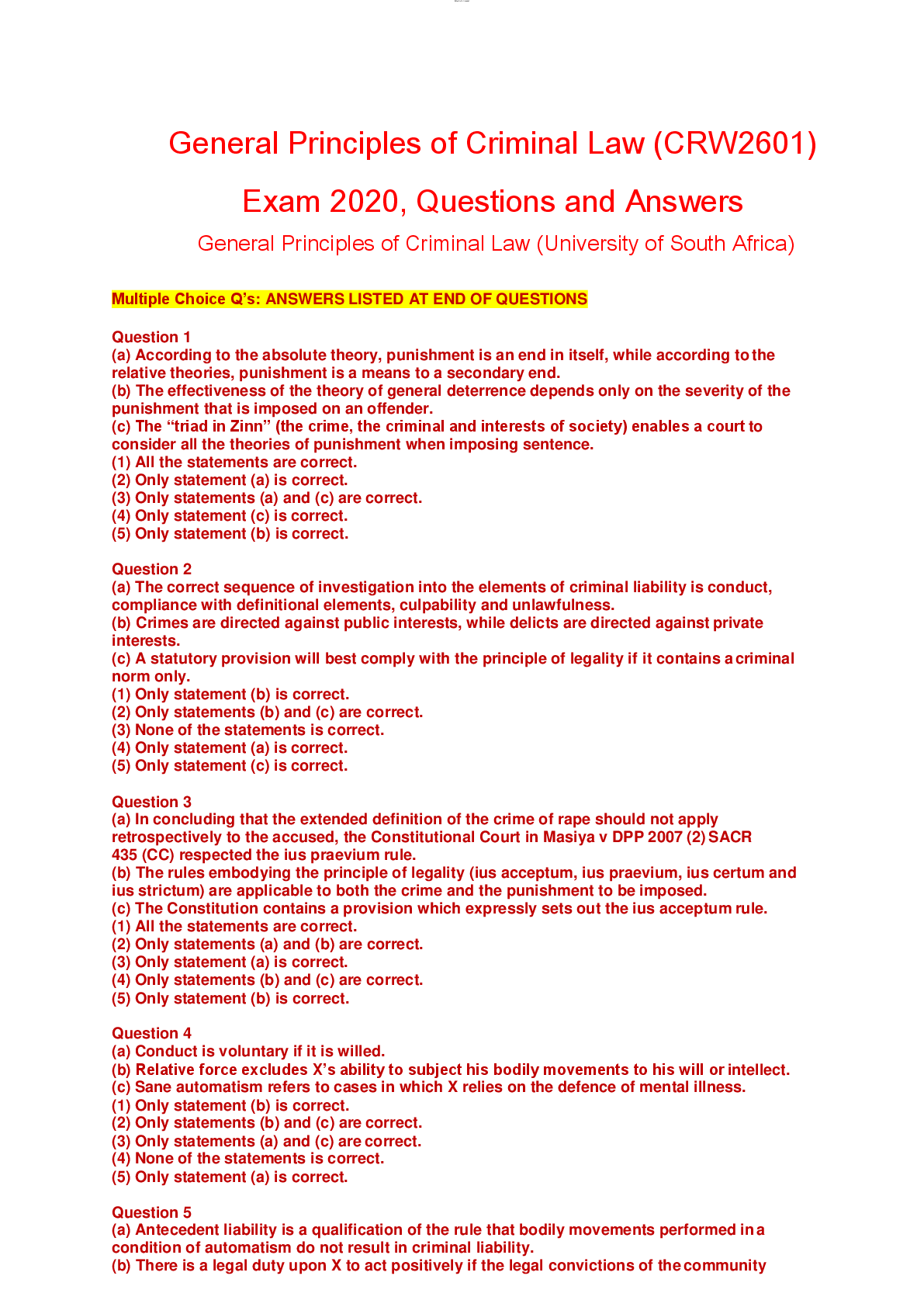 Preview of CRW2601 General Principles of Criminal Law - Questions and Answers.  | University of South Africa
