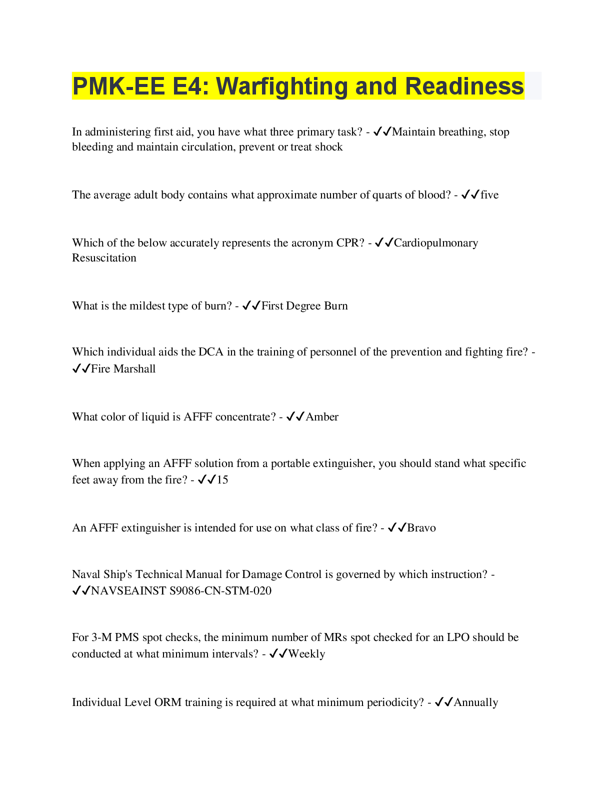 Preview of PMK-EE E4 Warfighting and Readiness | 55 Questions With 100% Correct Answers