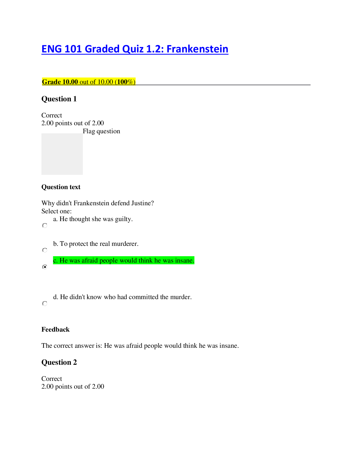 Recommended document preview for ENG 101 Graded Quiz 1.2- Frankenstein - Straighterline: Grade 10.00 out of 10.00 (100%)