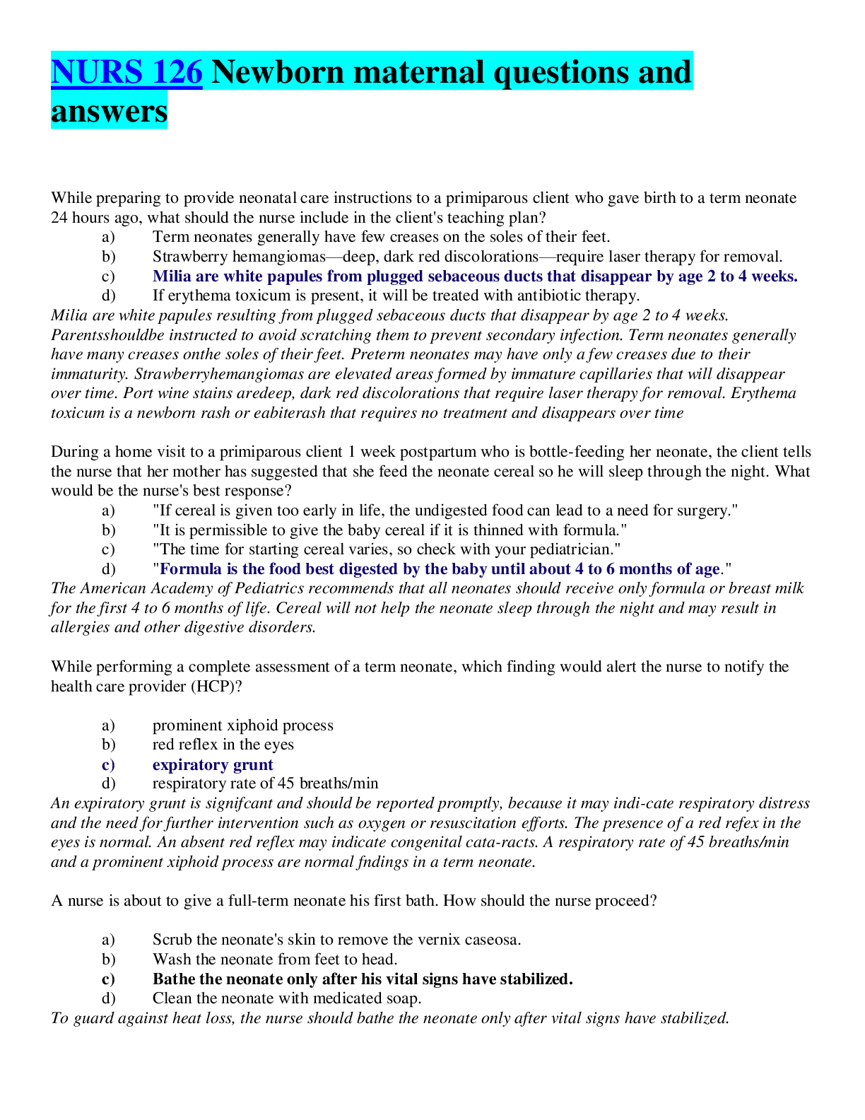 Preview of NURS 126 Newborn maternal questions and answers
