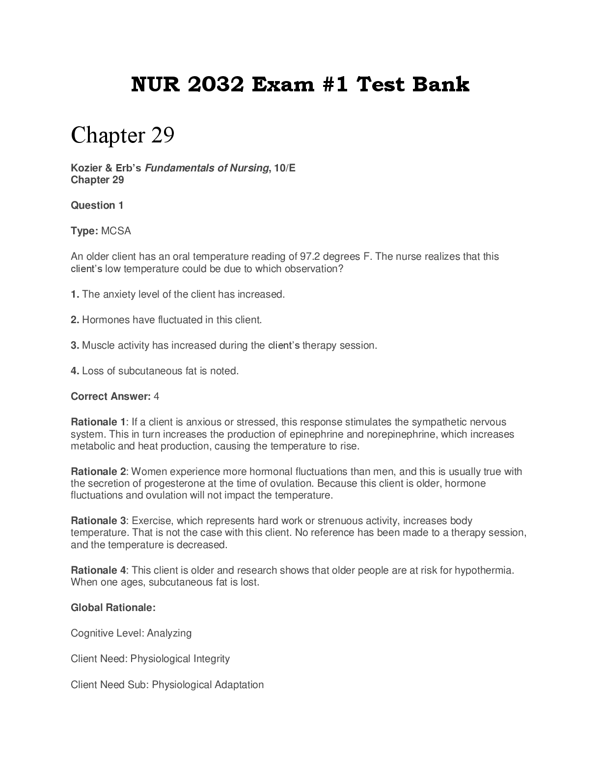Recommended document preview for NUR 2032 Exam #1  Kozier & Erb’s Fundamentals of Nursing, 10/E Chapter 29 - 33 Test Bank