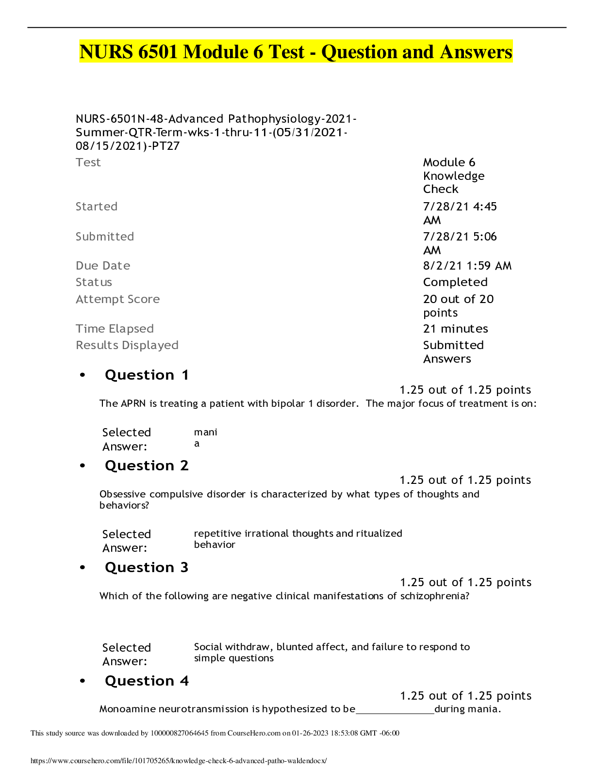 Preview image for NURS 6501 Module 6 Test - Question and Answers /Download to get A