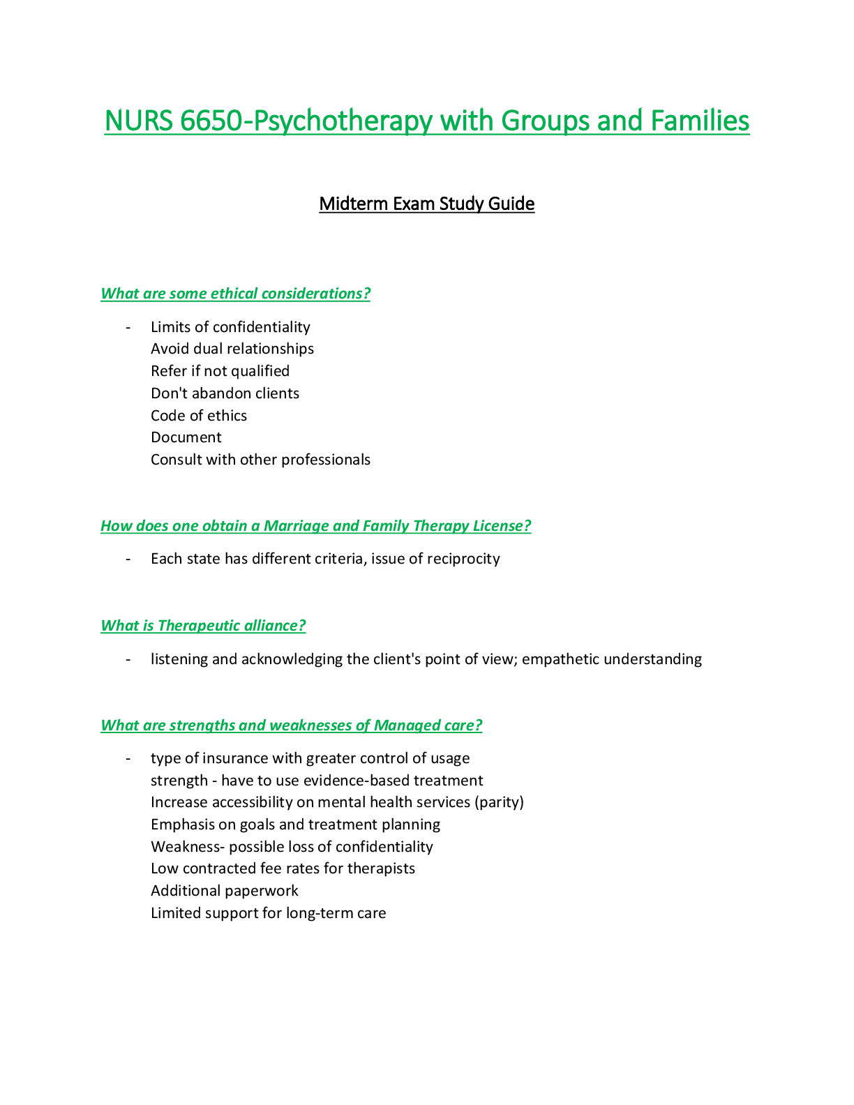 NURS 6650 / NURS6650 Midterm Exam Study Guide  : Psychotherapy with Groups & Families - Walden
