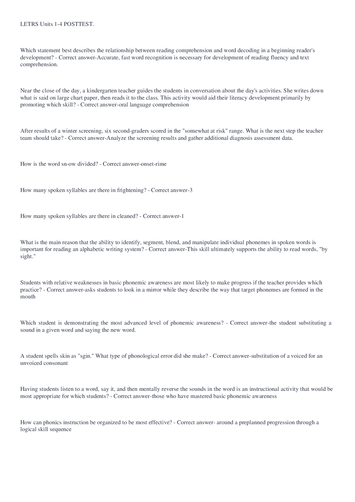 Preview image for LETRS Units 1-4 POSTTEST Questions and Answers 2023