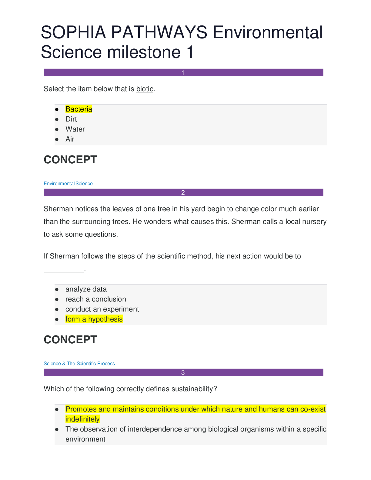 Preview of SOPHIA PATHWAYS Environmental Science milestone 1 Q&A Plus Concepts