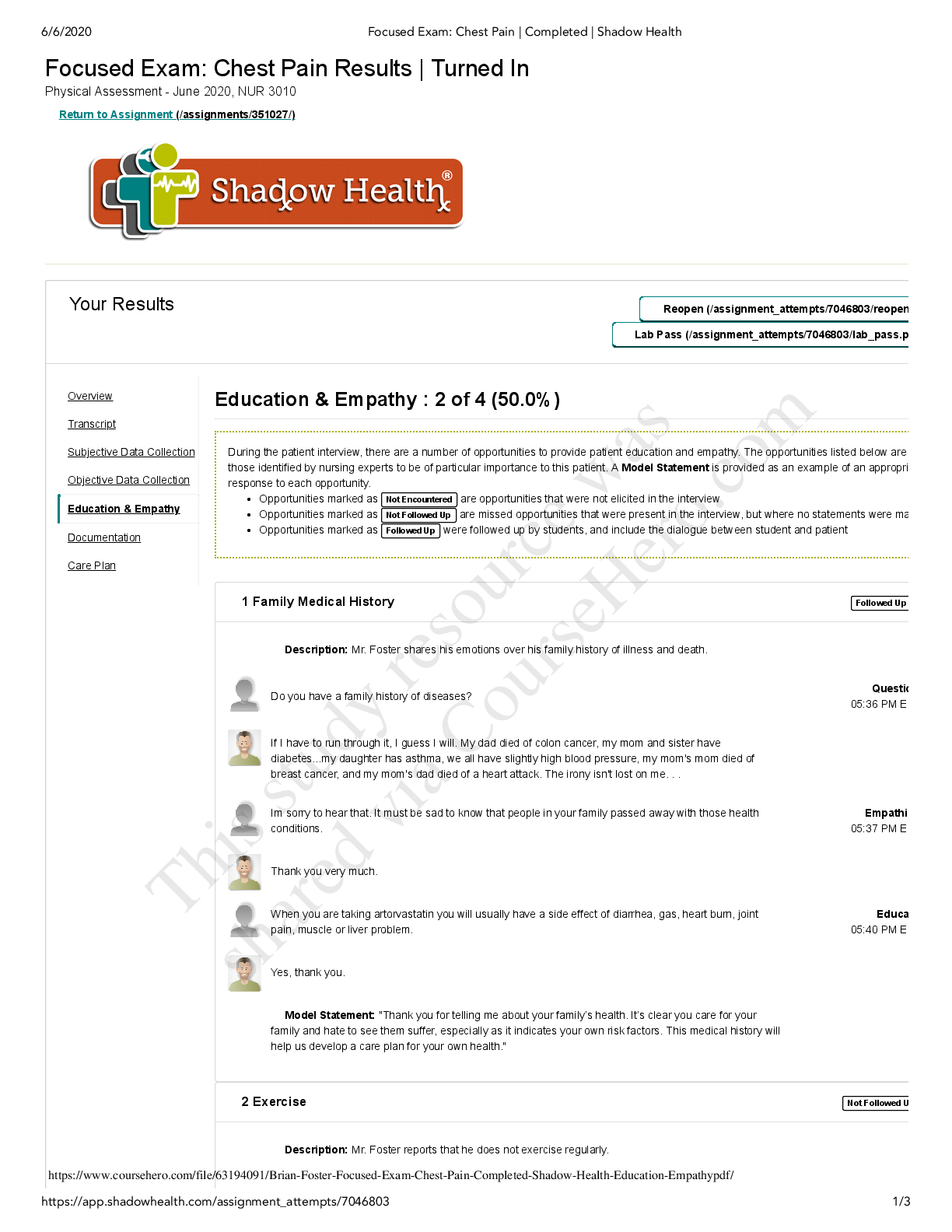 Preview of NUR 3010 Focused Exam: Chest Pain Results | Turned In Physical Assessment Education & Empathy
