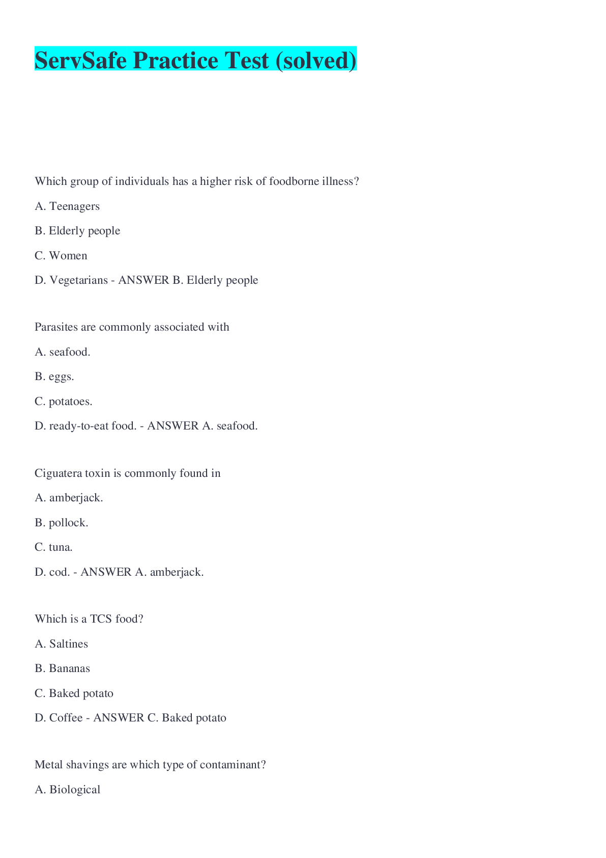 Preview image for ServSafe Practice Test (solved)