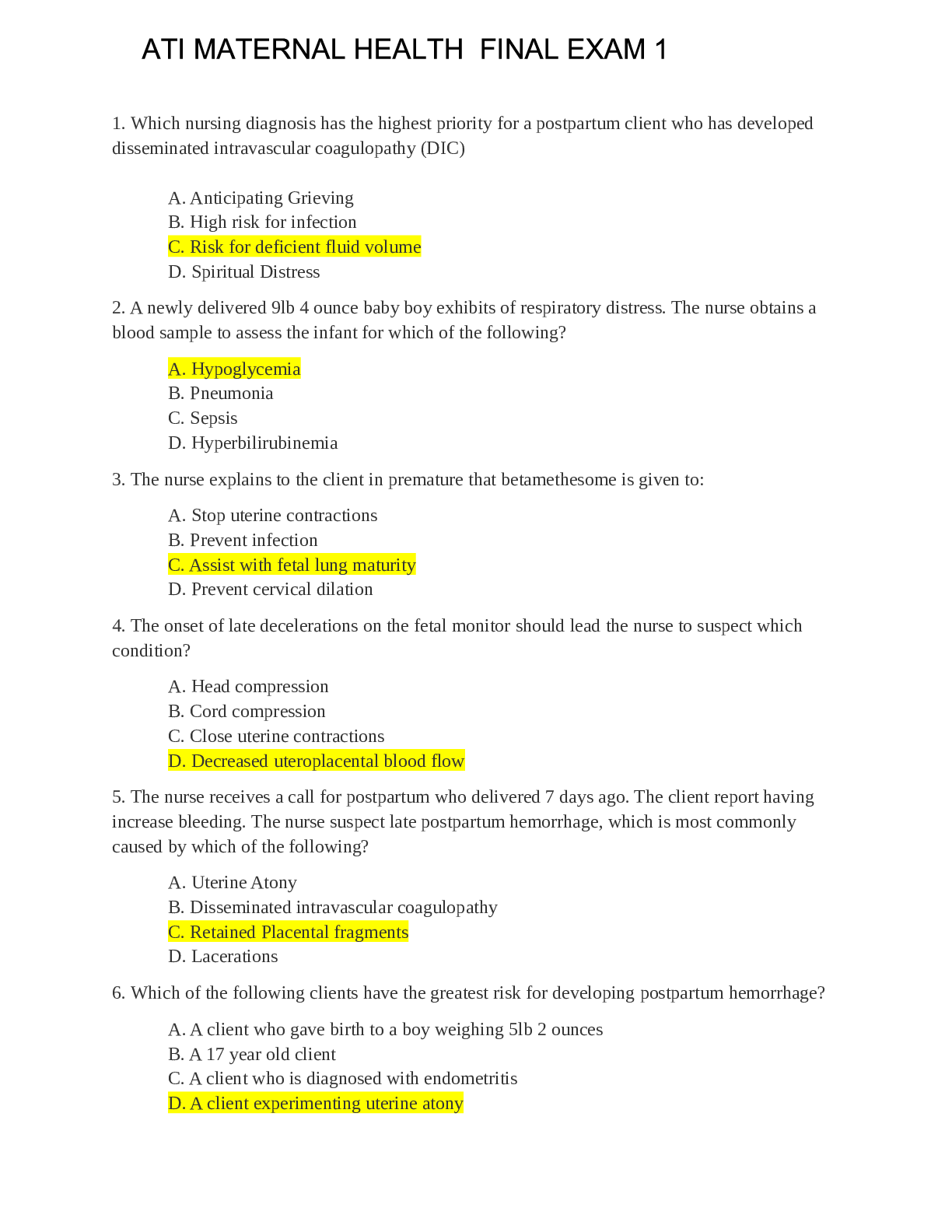 Preview image for ATI MATERNAL HEALTH FINAL EXAM 1