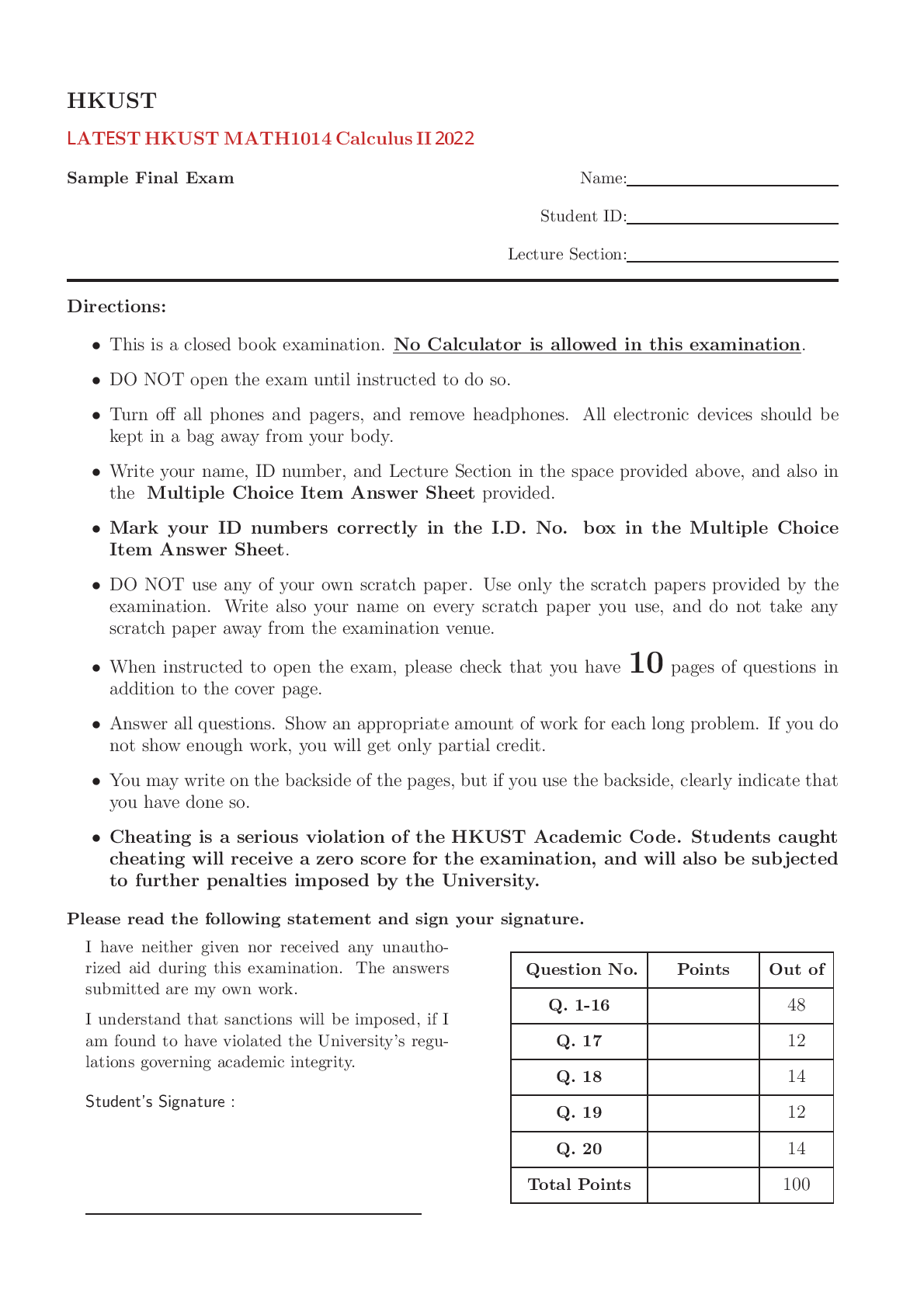 Preview image of LATEST HKUST MATH1014 Calculus II 2022 document