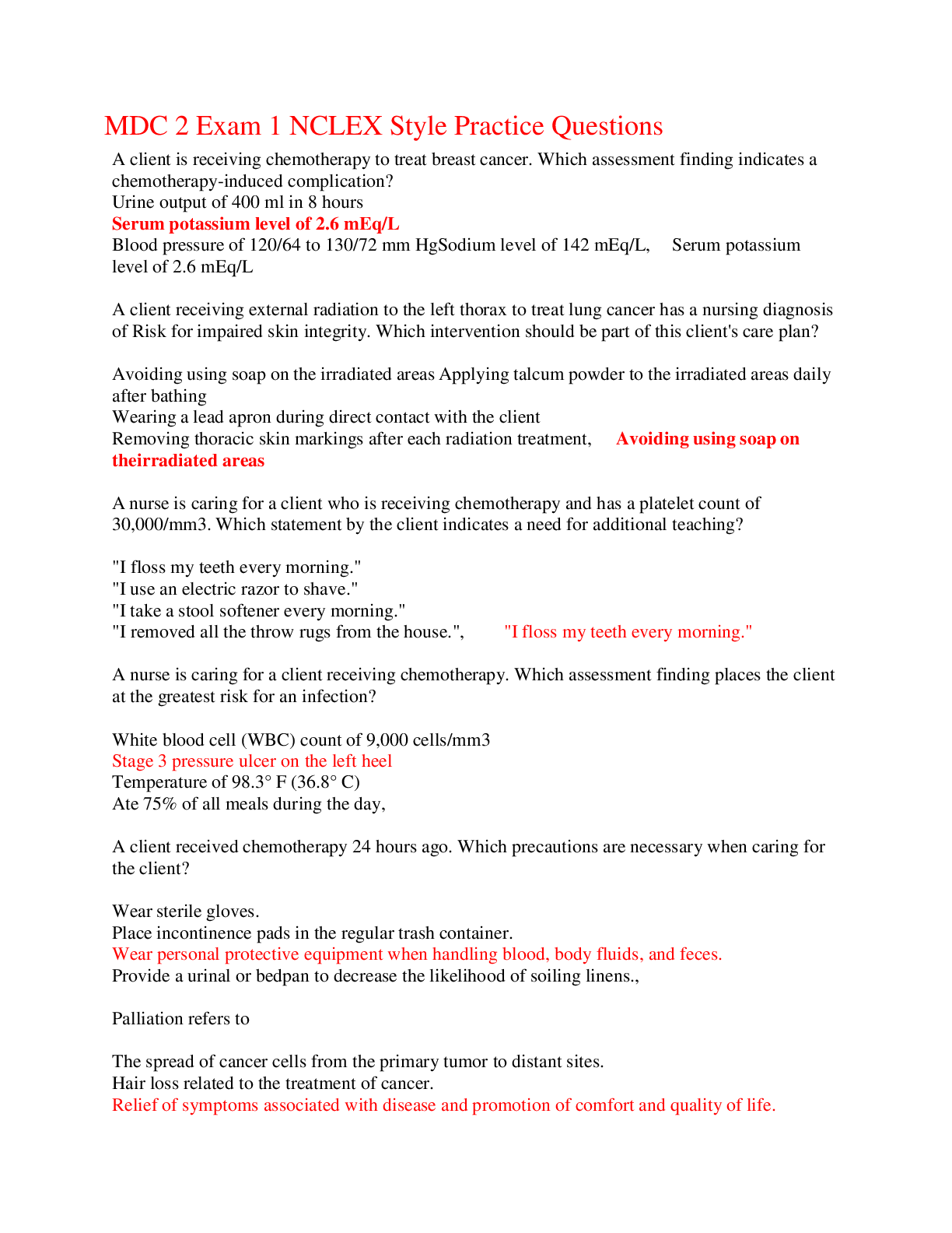 Preview of MDC 2 Exam 1 NCLEX Style Practice Questions