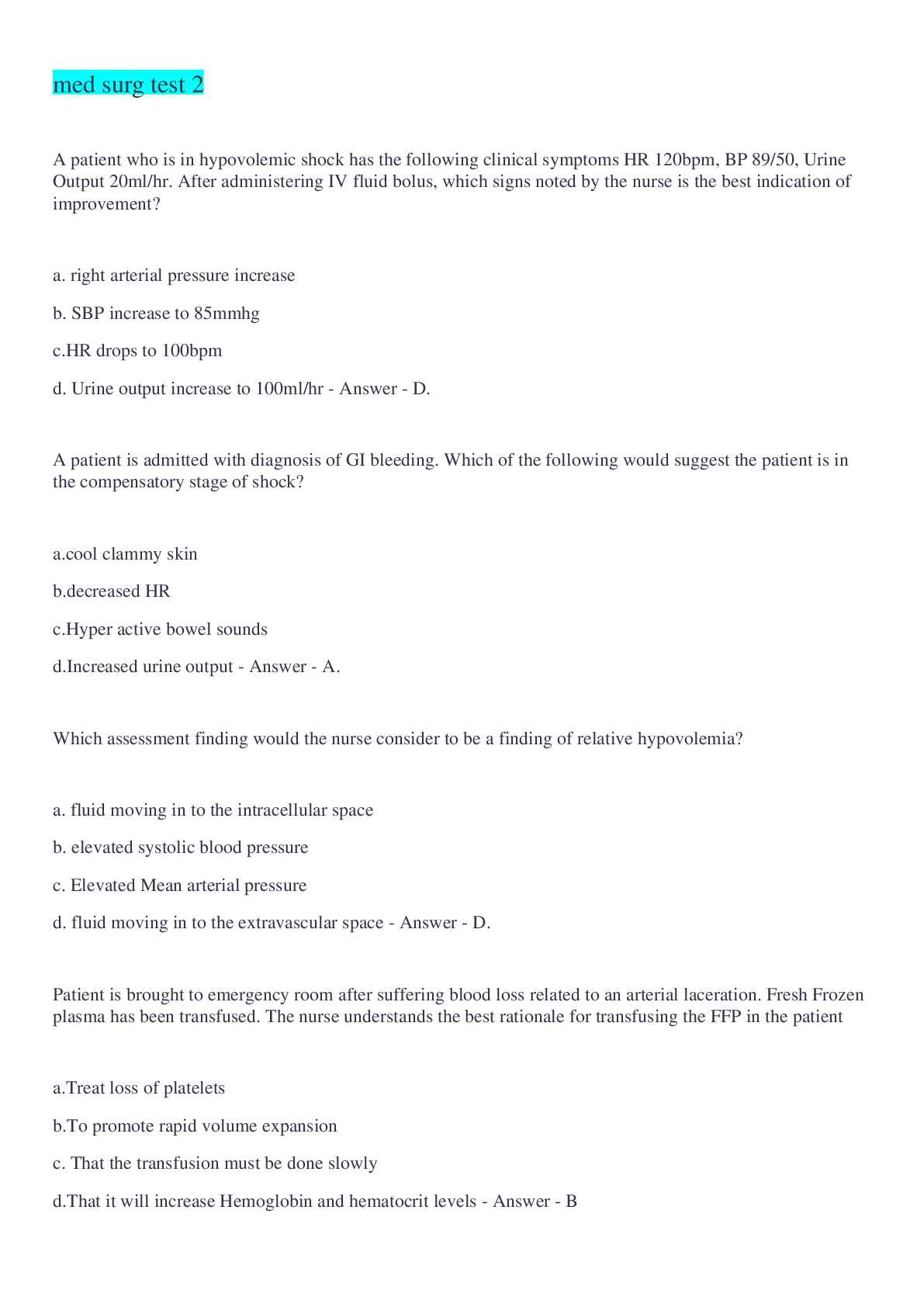 med surg test 2 Questions And Answers 2022/2023 - Scholarfriends