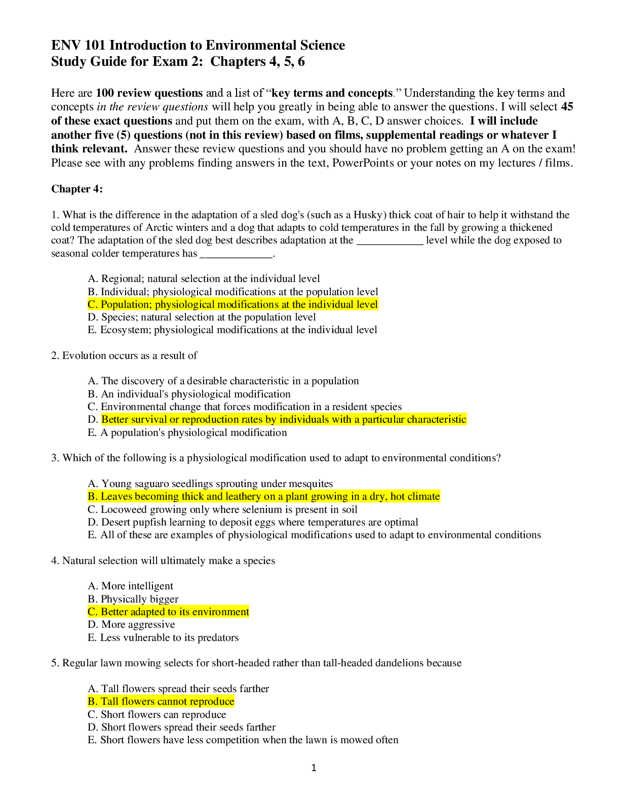 Recommended document preview for ENV 101 Introduction to Environmental Science Study Guide for Exam 2: Chapters 4, 5, 6