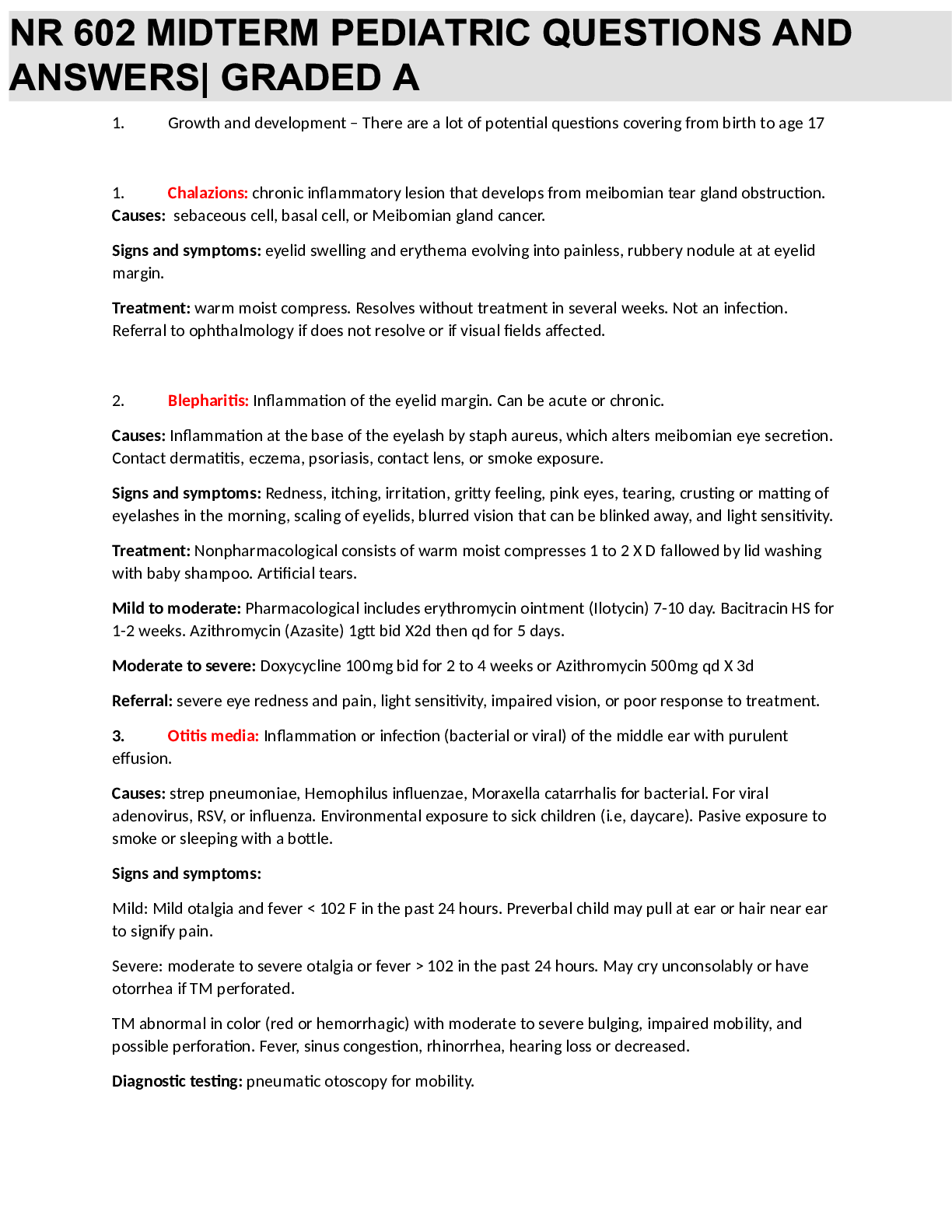 Preview image for NR 602 MIDTERM PEDIATRIC QUESTIONS AND ANSWERS| GRADED A