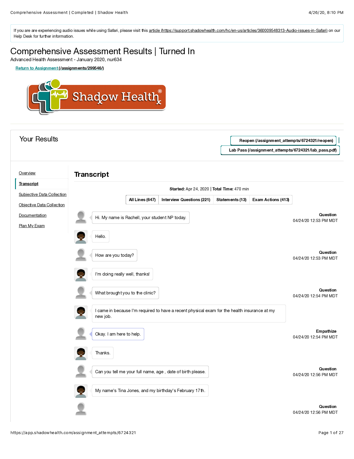 Preview image for Comprehensive Assessment | Completed | Shadow Health