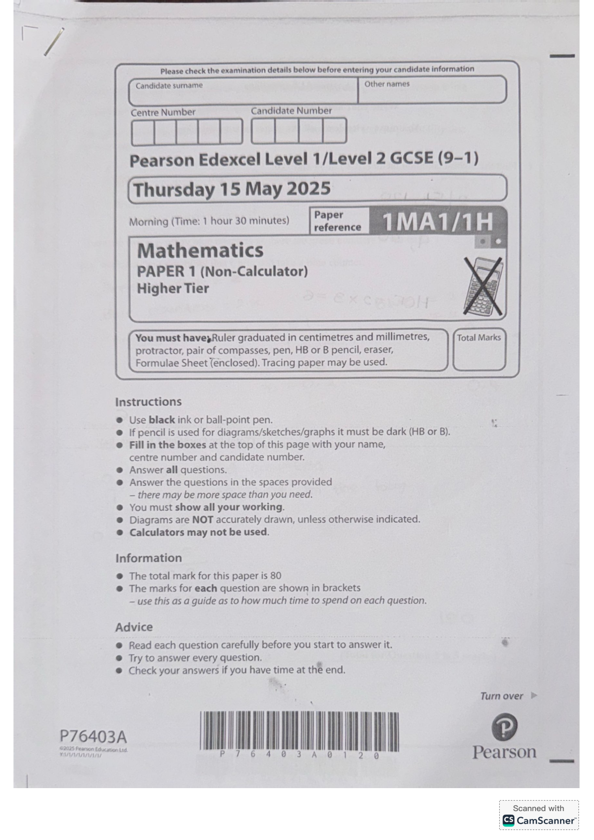 EDEXCEL GCSE MATHS 2025 HIGHER PAPER 1 MODEL SOLUTIONS
