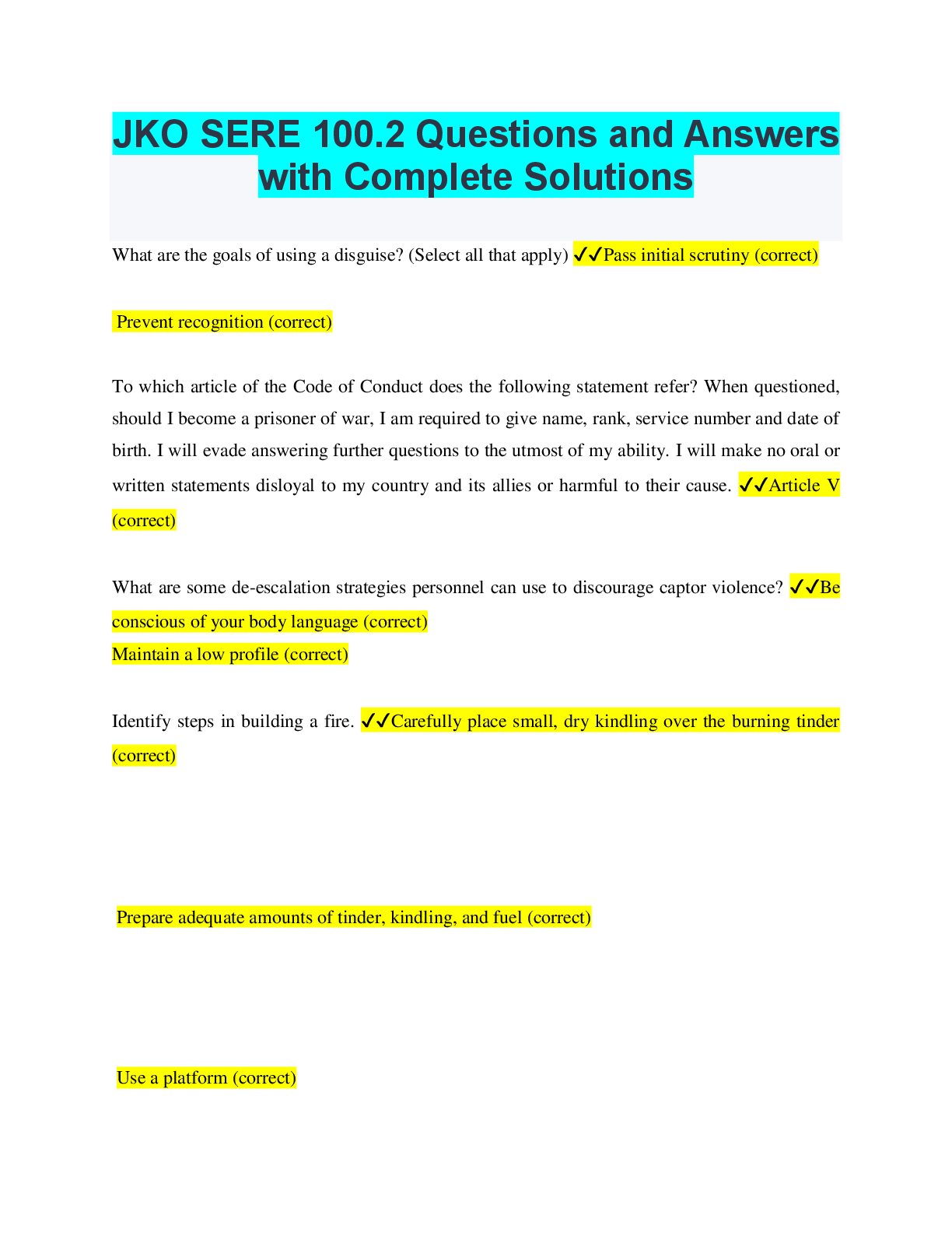 Preview of JKO SERE 100.2 Questions and Answers with Complete Solutions