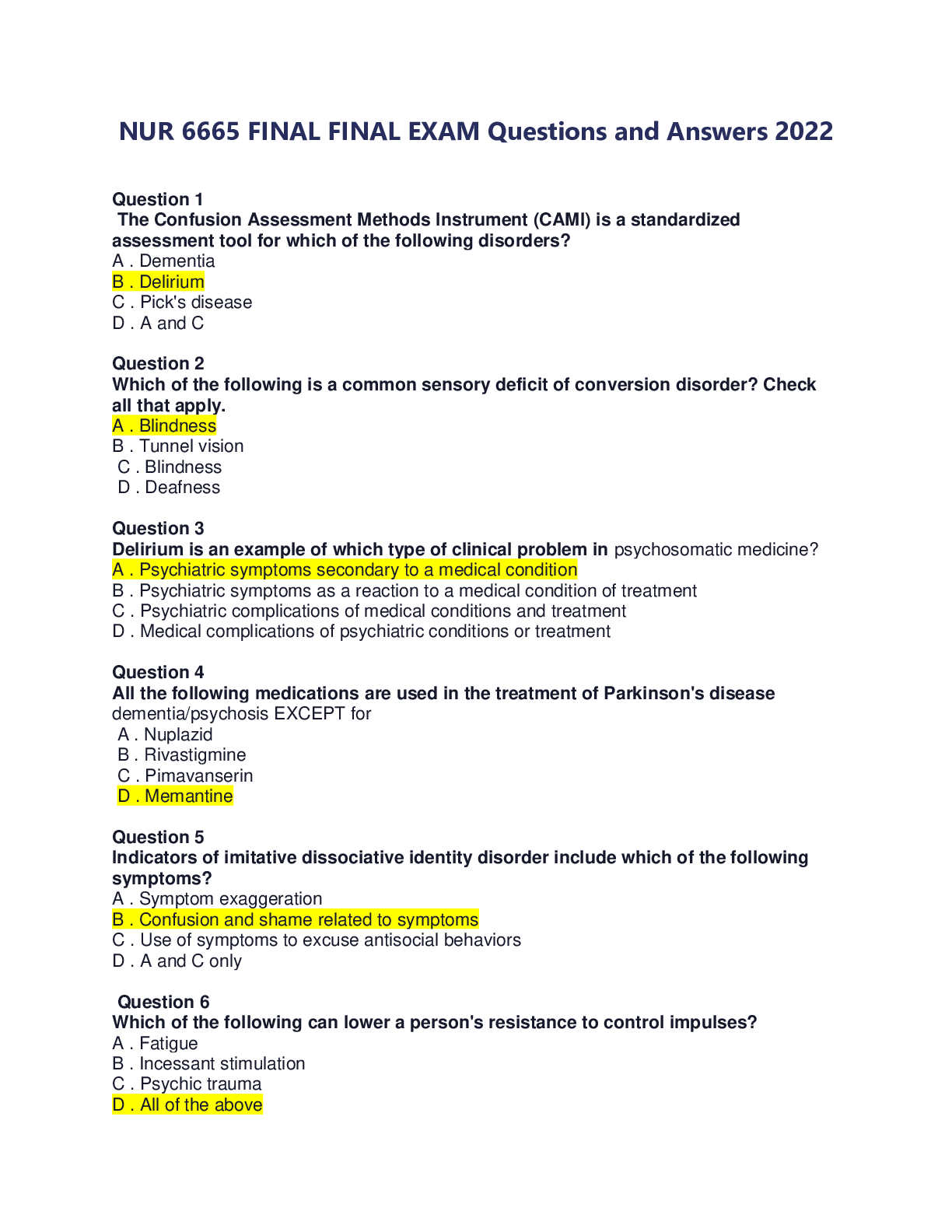 Preview of NUR 6665 FINAL FINAL EXAM Questions and Answers 2022