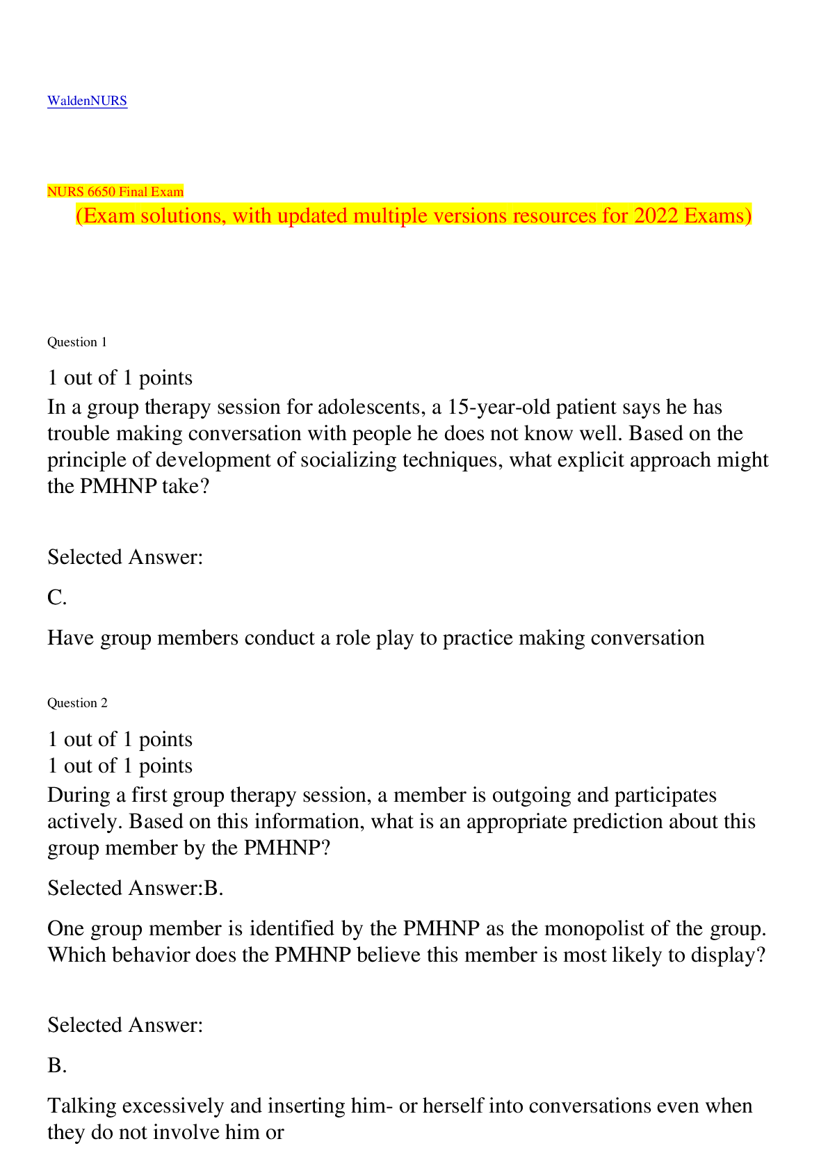 Preview of Walden UniversityNURS NURS 6650   NURS 6650 Final Exam (Exam solutions, with updated multi