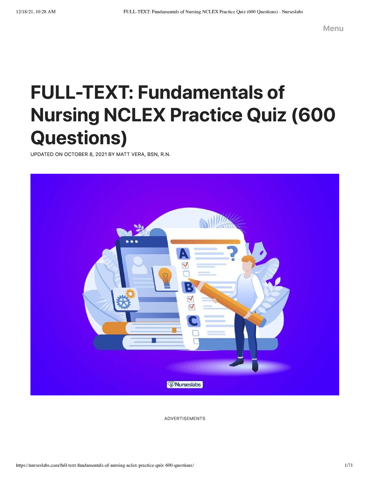 Preview of FULL-TEXT: Fundamentals of Nursing NCLEX Practice Quiz (600 Questions With Answers)