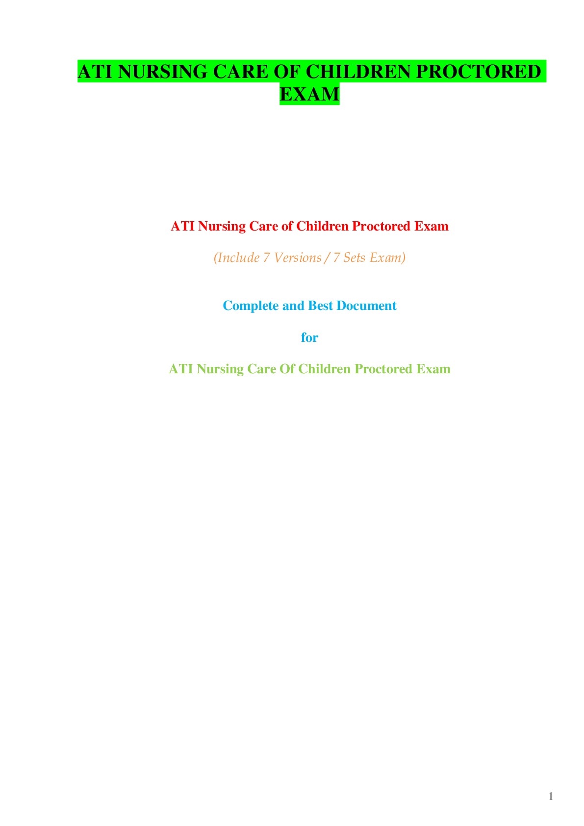 Preview image for Nursing care of children proctored exam i(A.T.I Nursing care of children proctored exam i(A.T.I)