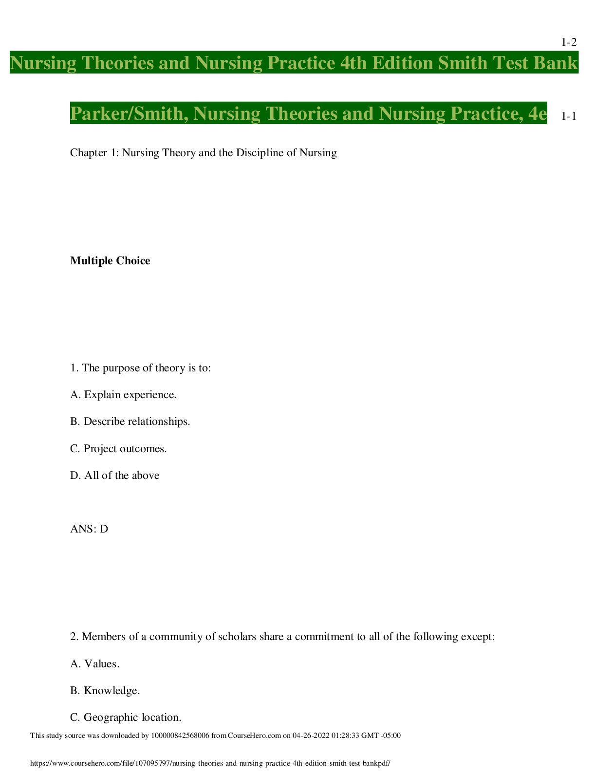 Preview of Nursing Theories and Nursing Practice 4th Edition Smith Test Bank Parker/Smith, Nursing Th