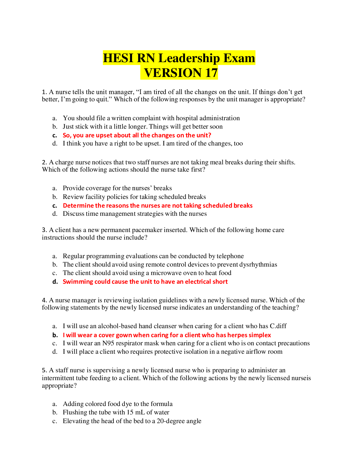 HESI RN Leadership Exam Ver. 17 Questions & Answers with Rationale