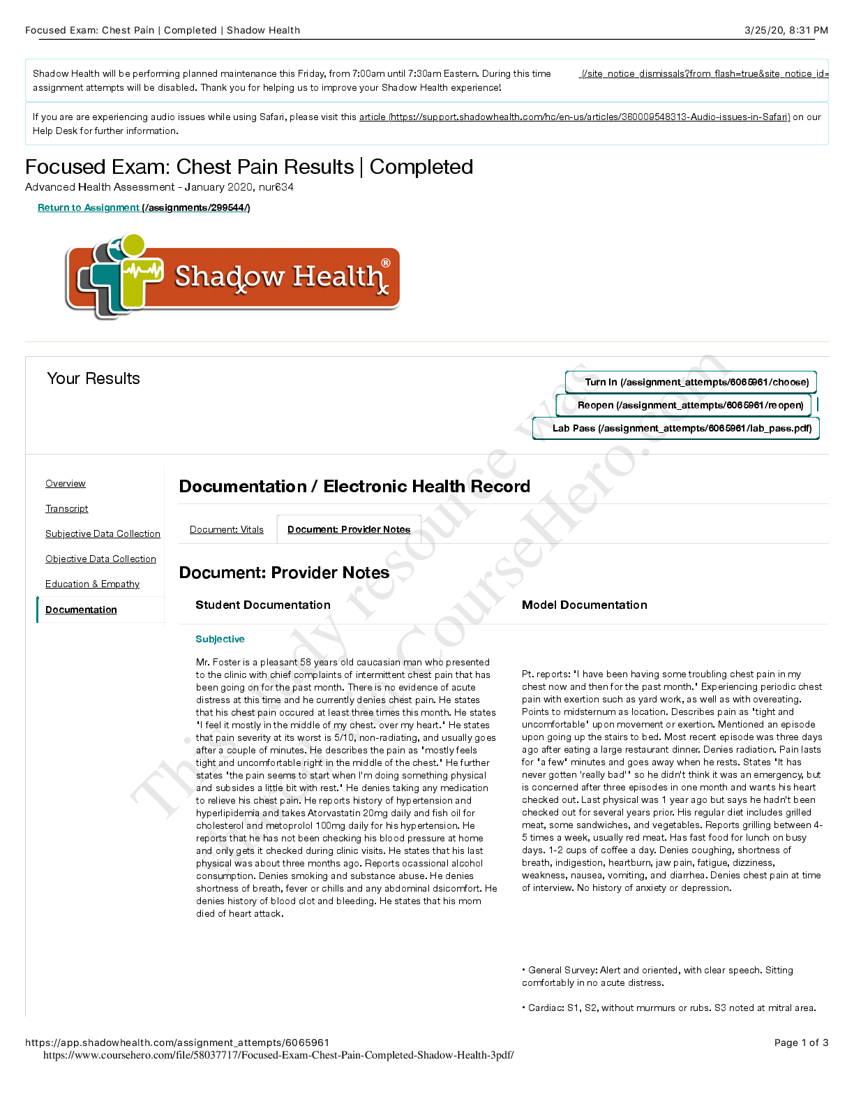 Preview of NUR 634 Focused Exam: Chest Pain Results | Completed Advanced Health Assessment - Documentation / Electronic Health Record