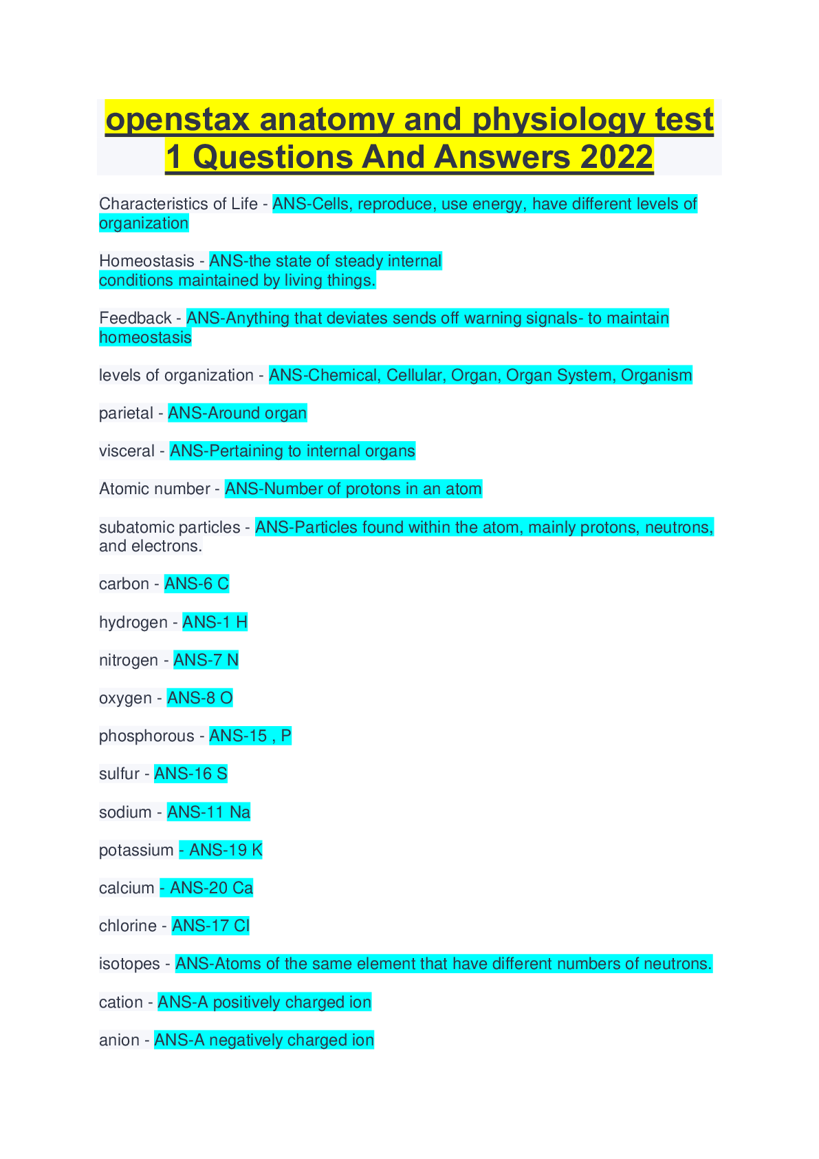 openstax anatomy and physiology test 1 Questions And Answers 2022 ...