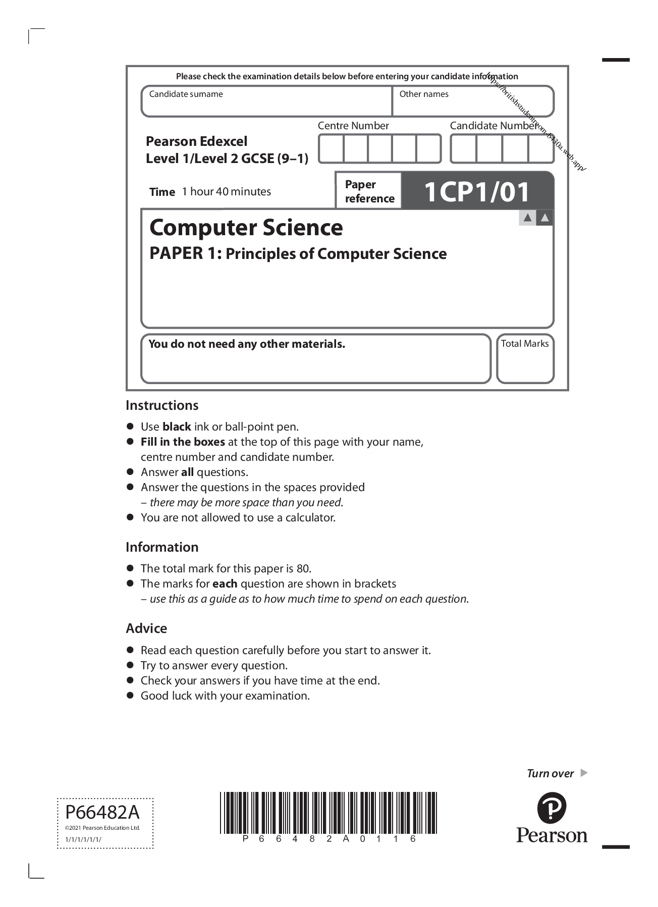 Pearson Edexcel Level 1/Level 2 GCSE (9–1 Computer Science PAPER 1 ...