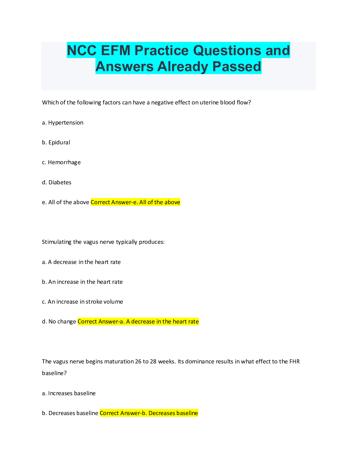 Preview of NCC EFM Practice Questions and Answers Already Passed. 100% proven pass rate. Graded A+